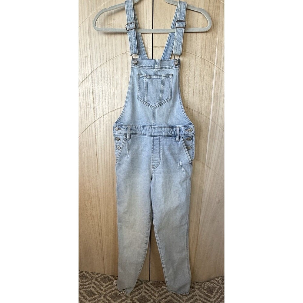 Light Wash Denim Overalls Distressed Raw Hem Stretch Old Navy Womens Size 0